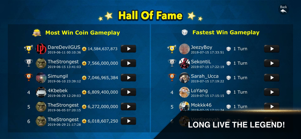 Hall of Fame screen showing top players for most coins won and fastest gameplay records in Capsa Banting.