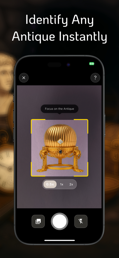 Antique Identifier : RelicAI - RelicAI mobile app scanning a golden antique egg for instant identification