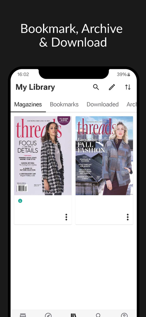 Threads Magazine app library view showing digital sewing magazine covers and bookmark options