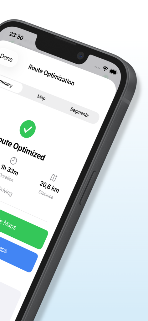 RouteGO - Route Planner - RouteGO app screen showing a summary of an optimized route with time and distance