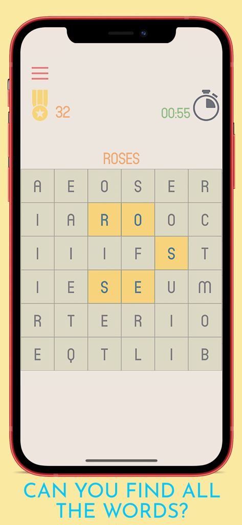 A smartphone showing a word search puzzle grid with the word ROSES highlighted in yellow.