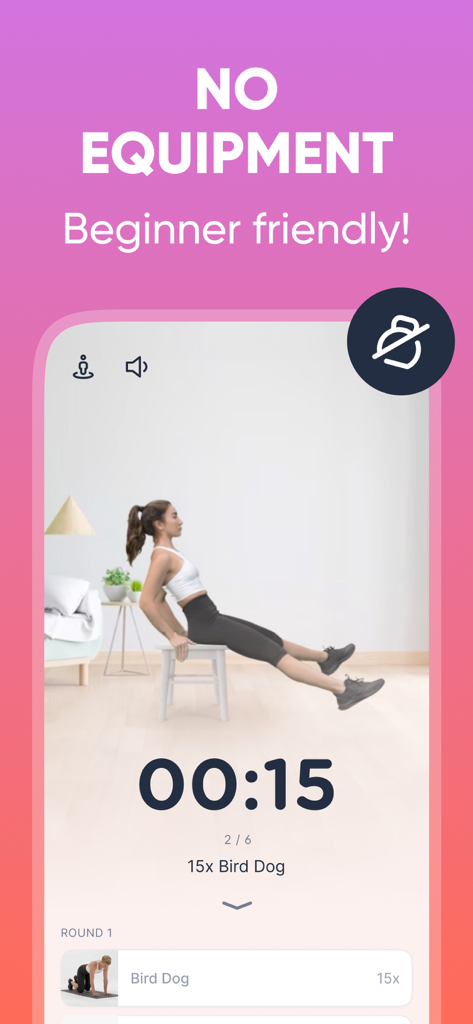 EasyFit - Lazy Workout at Home - Interfaz de la aplicación EasyFit que muestra a una mujer realizando un entrenamiento en silla para principiantes en casa sin necesidad de equipo.