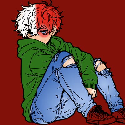 a male hoddie ripped jeans messy hair anime