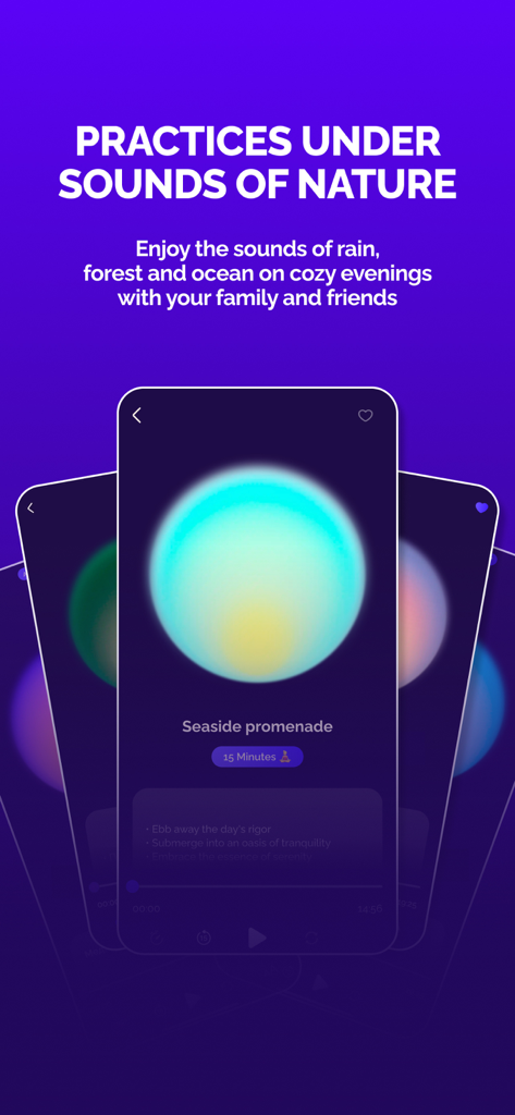 AB.MONEY: meditation & breath - AB.MONEY app interface showing meditation practices with nature sounds