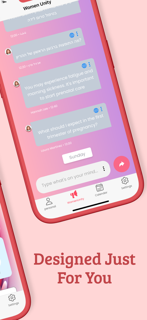 Period Pal - A community chat screen in the Period Pal app showing users discussing pregnancy symptoms and health tips