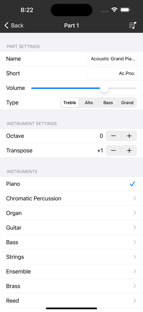 Piano+ - Sheet Music Composer - Instrument and part configuration screen in the Piano plus app showing options for volume octave transpose and instrument selection