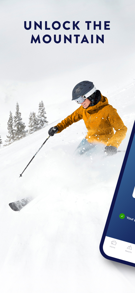 My Epic: Skiing & Snowboarding - A skier in a yellow jacket descends a snowy slope under the text Unlock the Mountain