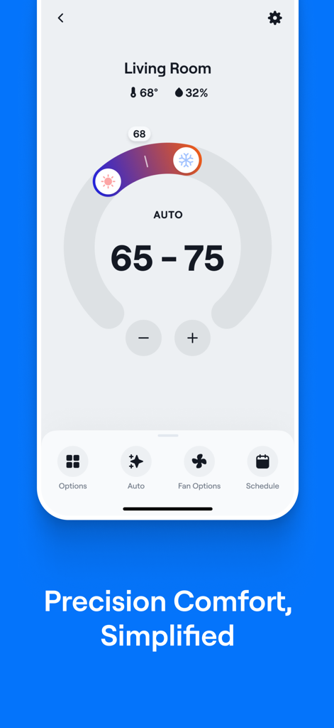 Carrier SmartHome 앱 인터페이스, 거실 기후 설정 및 온도 조절 다이얼 표시