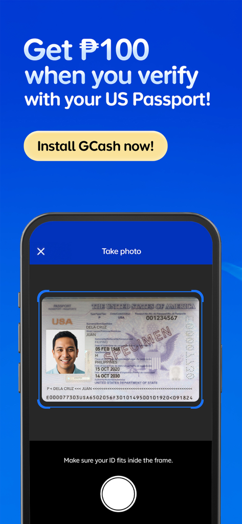 GCash - Schermata dell'app GCash che mostra la verifica del passaporto statunitense per una ricompensa di 100 pesos