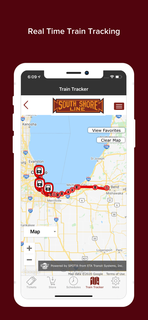 South Shore - South Shore Line mobile app train tracker screen showing a map with real-time train locations between Chicago and South Bend