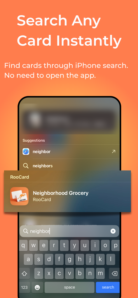 Store Card - All in One App - iPhone spotlight search results showing a digital loyalty card from the RooCards app