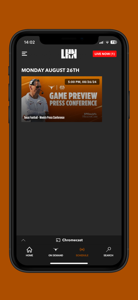 LHN (Longhorn Network) - The LHN app schedule screen featuring a Texas Football weekly press conference
