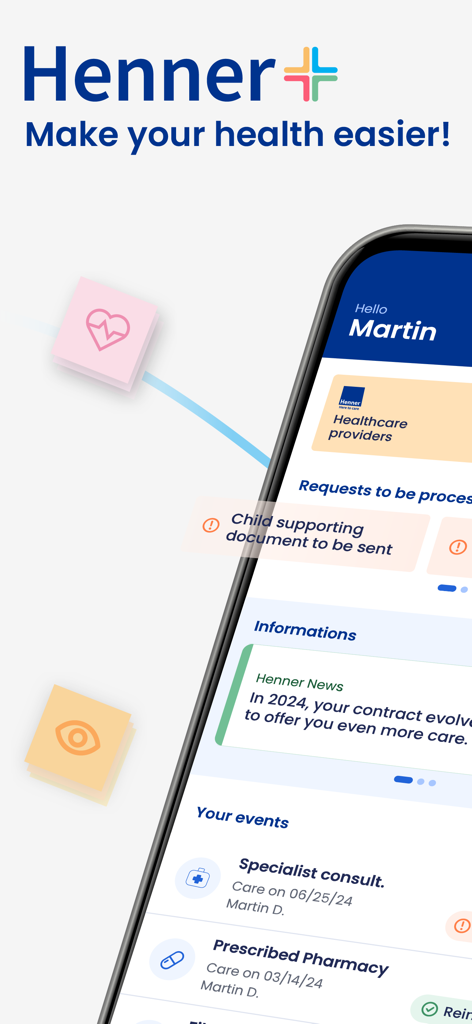 Henner plus mobile app dashboard displaying insurance information and medical events