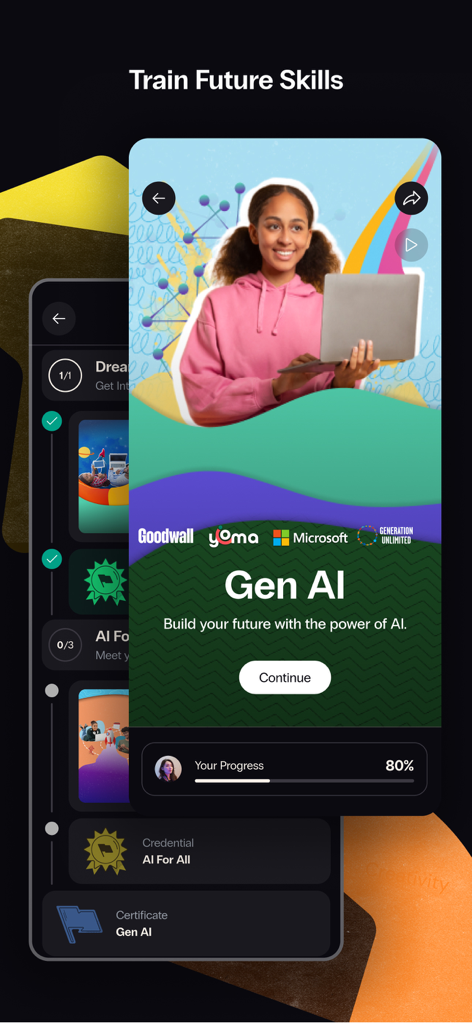 Interface of Goodwall app showcasing a Gen AI training course with progress tracker and corporate partners like Microsoft.