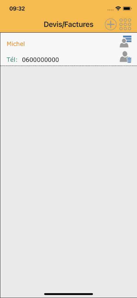 Interface of the Devis et Facture app showing a client contact named Michel with his phone number.