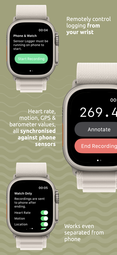 Sensor Logger app interface on Apple Watch displaying remote recording controls and sensor synchronization features.