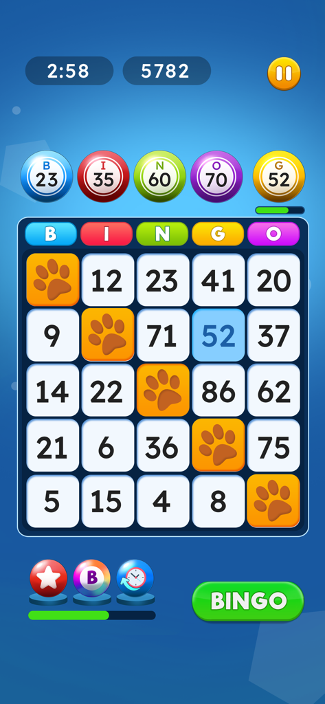 Bingo Win Cash Real Money Game - Mobile gameplay interface of Bingo Win Cash showing a bingo card grid with daubed numbers and power-up icons