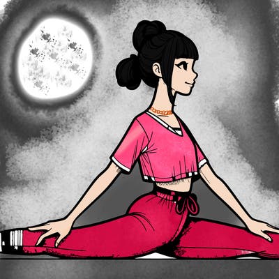 a realistic girl in yoga outfit doing splits