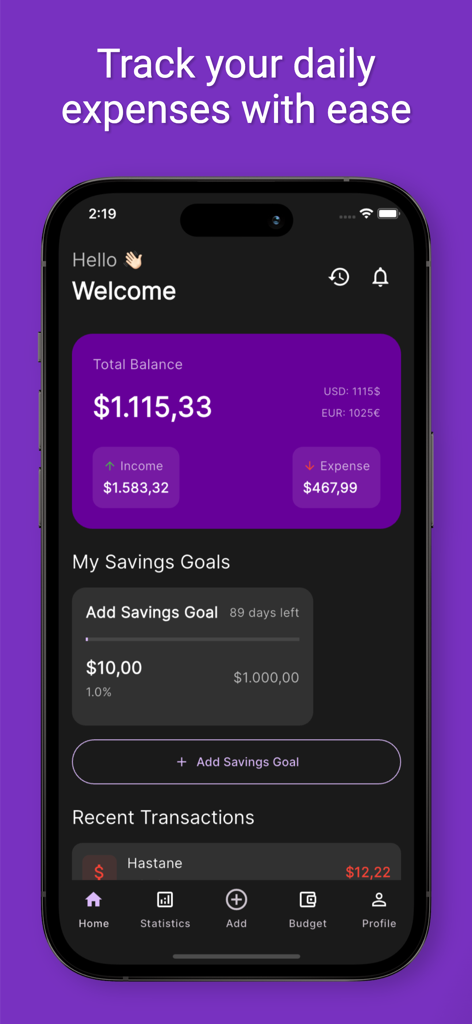 Smart Wallet - Budget Tracker - Pantalla de inicio del rastreador de presupuesto Smart Wallet que muestra el saldo total, ingresos, gastos y metas de ahorro en modo oscuro