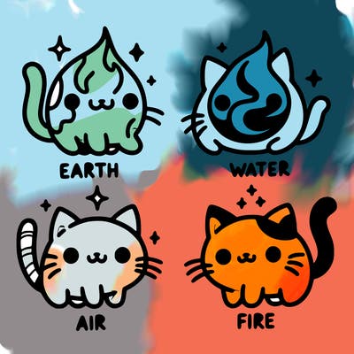 4 cats that represent the different elements, earth, water, air, and fire
