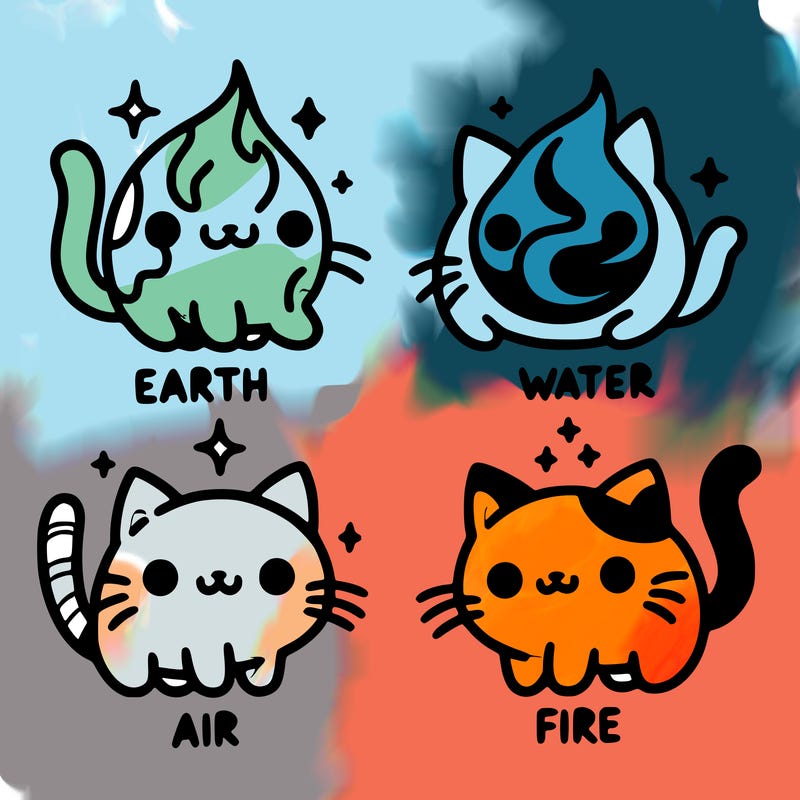 4 cats that represent the different elements, earth, water, air, and fire