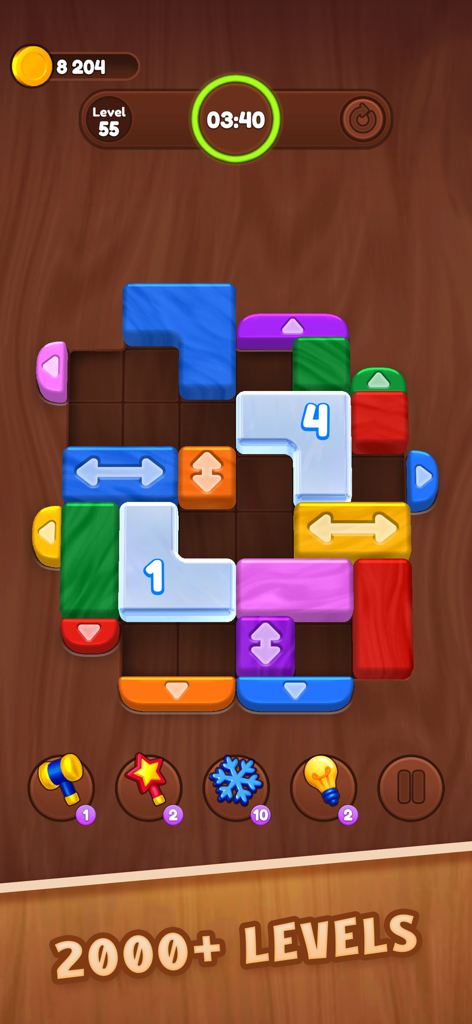 Captura de pantalla del juego de Color Wood Jam mostrando bloques de madera coloridos en una cuadrícula con un banner promocionando más de 2000 niveles