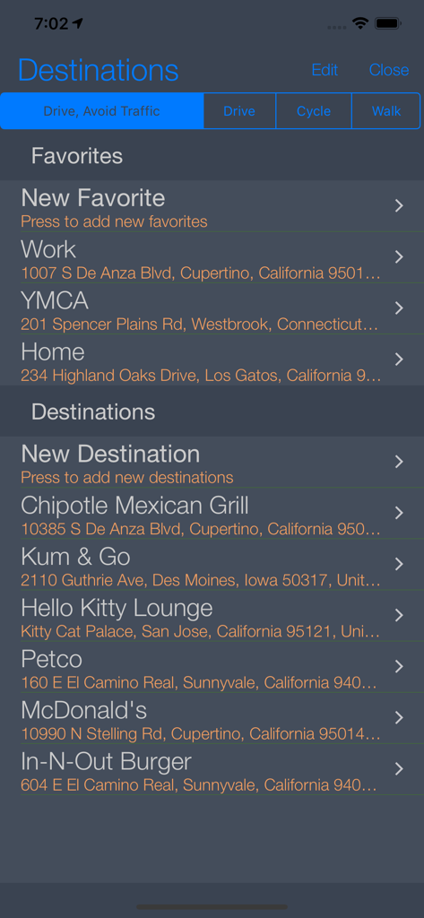 Back Seat Navigator - Back Seat Navigator app destinations screen displaying favorite locations and navigation mode options