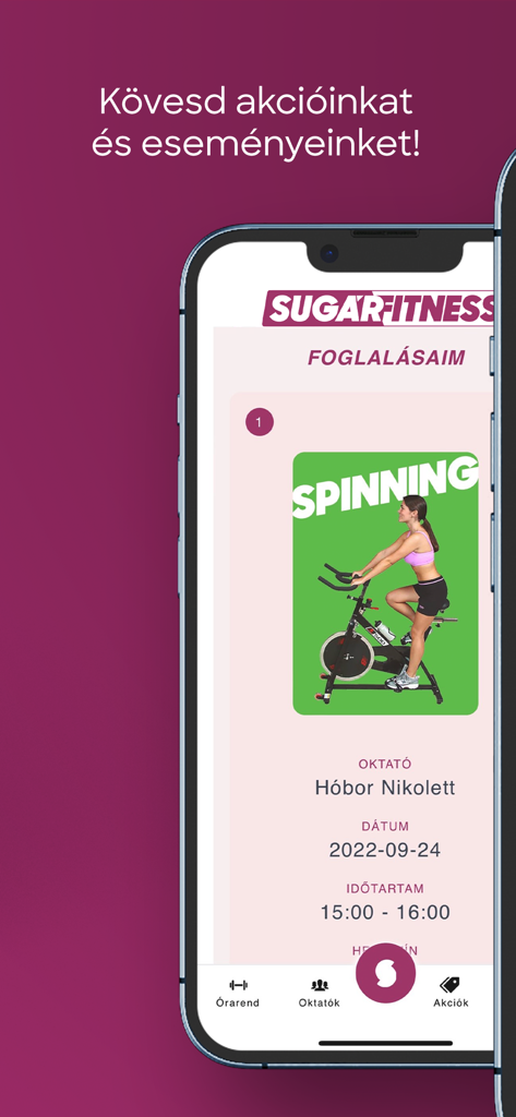 Sugár Fitness - Sugar Fitness mobile app screen displaying a spinning class reservation with instructor and time information