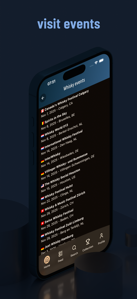 Drammer whisky app - A mobile screen showing the whisky events calendar with upcoming international festivals on the Drammer app.