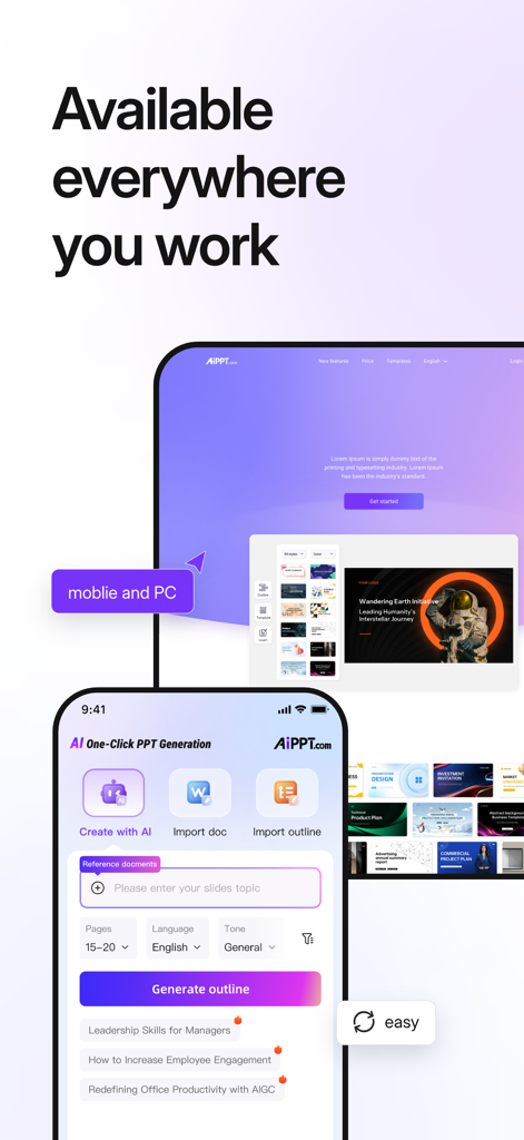 AiPPT- AI Presentation Maker - AI 프레젠테이션 생성 기능을 보여주는 AiPPT 모바일 및 데스크톱 앱 인터페이스