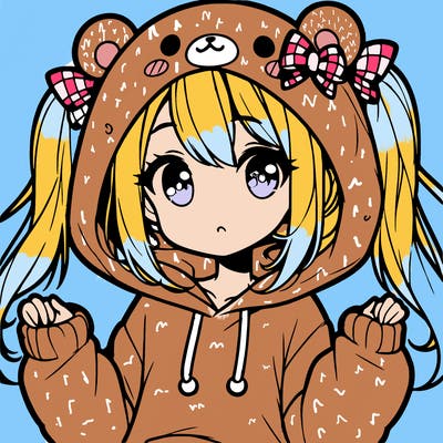 cute anime girl with ponytails and a cute bear hoodie