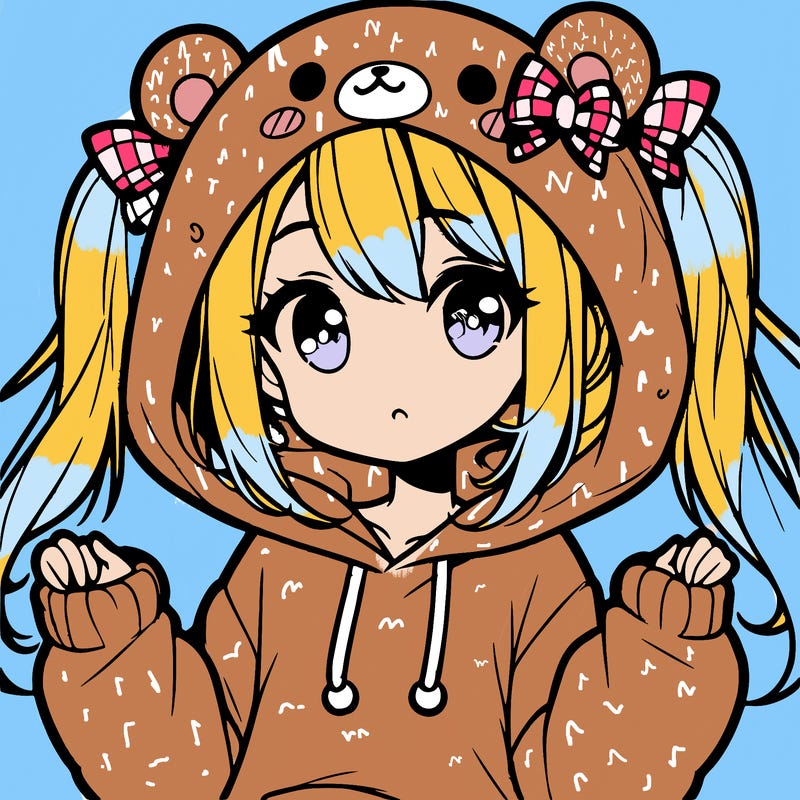 cute anime girl with ponytails and a cute bear hoodie