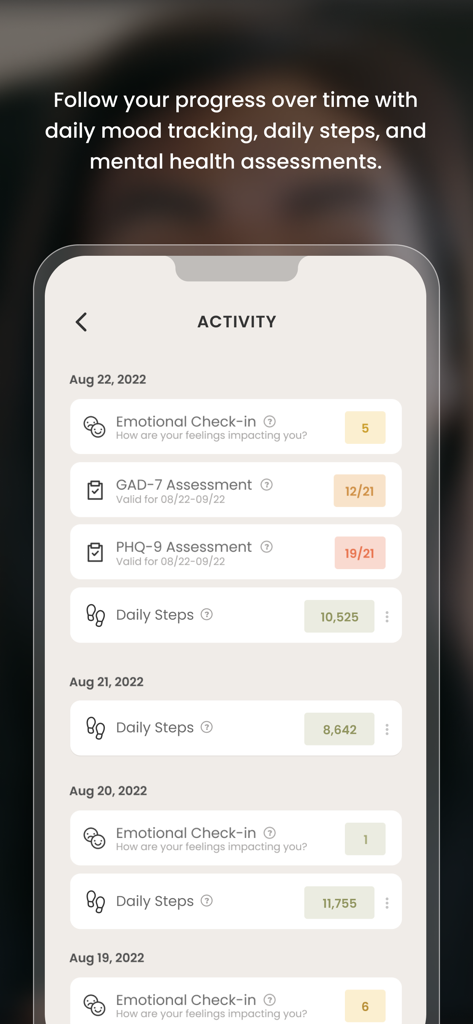 Noble. - Noble app activity screen showing logs for emotional check-ins, mental health assessments, and daily steps