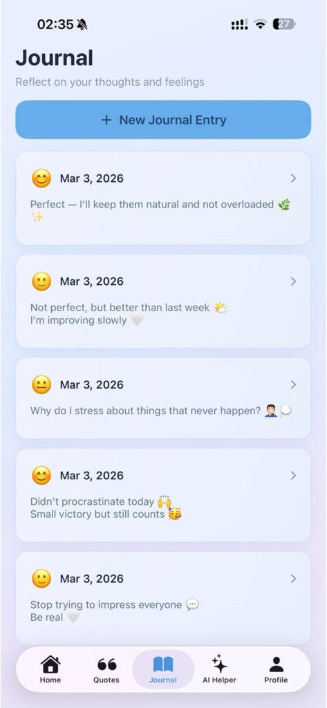 Mindora AI Assistant - Mindora AI Assistant journal screen showing a list of daily reflections with mood emojis and personal notes