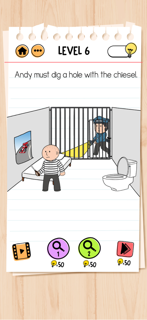 Brain Test 2 Level 6 riddle showing Andy in a prison cell with a chisel