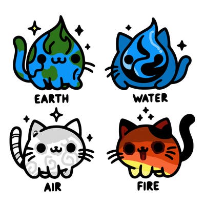 4 cats that represent the different elements, earth, water, air, and fire