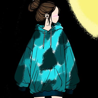 realistic girl with a oversized sweatshirt on and a bun