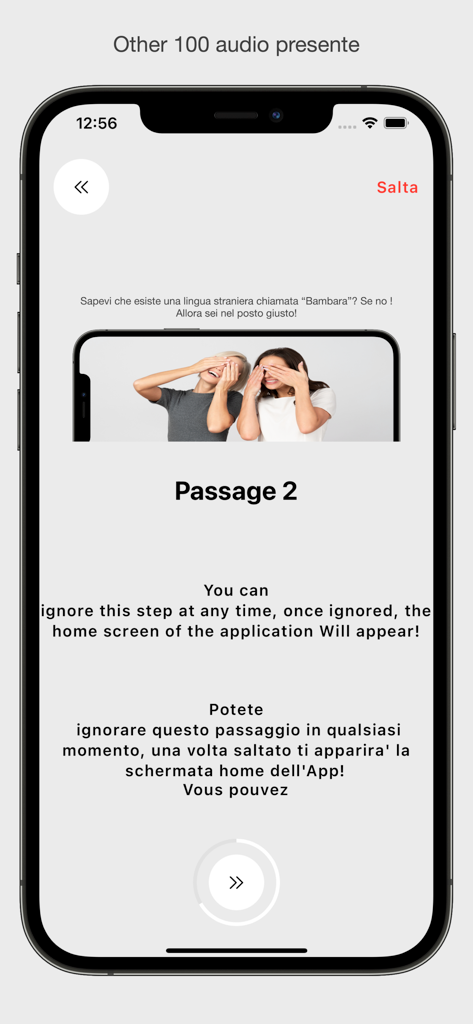 Bambara - Pantalla de incorporación de la aplicación Bambara que presenta instrucciones en inglés, italiano y francés.