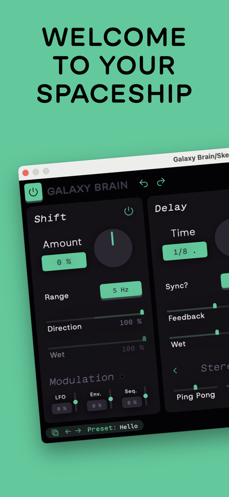Galaxy Brain — Delay Effect - Interfaz de usuario del plugin de delay y shifter de frecuencia Galaxy Brain mostrando controles de modulación de desplazamiento y delay sobre un fondo oscuro