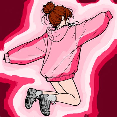 realistic girl jumping with a bun and oversized sweatshirt
