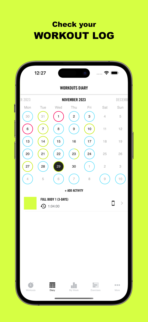 Diario de entrenamiento de la aplicación Gym Life que muestra una vista de calendario mensual con ejercicios registrados y constancia de entrenamiento.