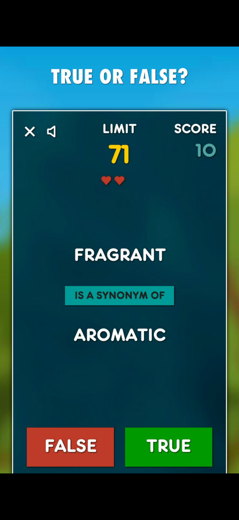 Screenshot of the True or False mode in the Synonyms Game app asking if fragrant is a synonym of aromatic.
