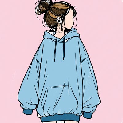 realistic girl with a oversized sweatshirt on and a bun