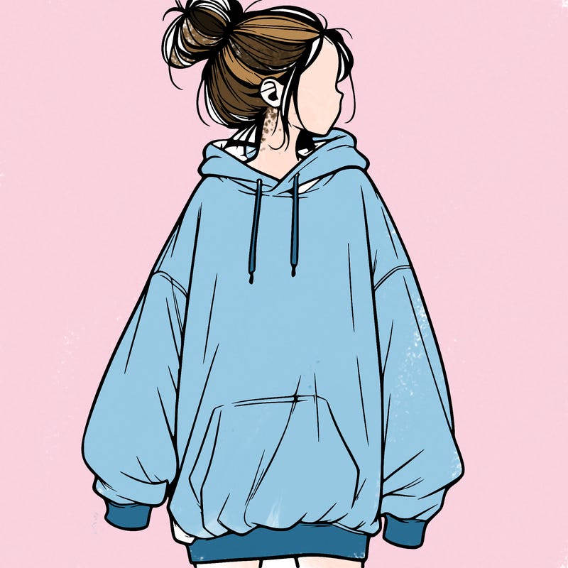 realistic girl with a oversized sweatshirt on and a bun