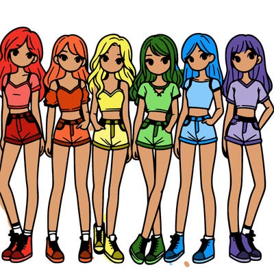 a group of girls wearing crop tops and shorts