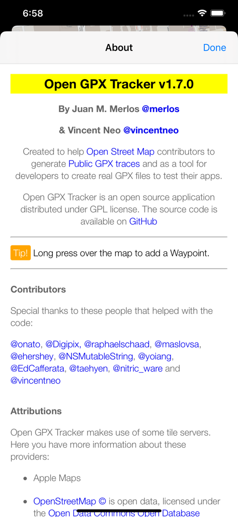Pantalla Acerca de de Open GPX Tracker que muestra información de versión y colaboradores