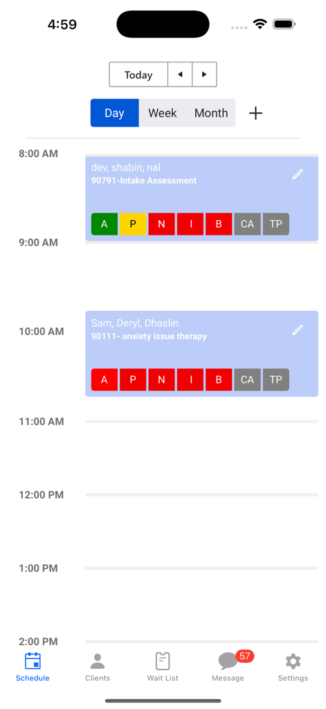 Interfaz del horario diario para terapeutas en la aplicación Therasoft Mobile mostrando citas clínicas.