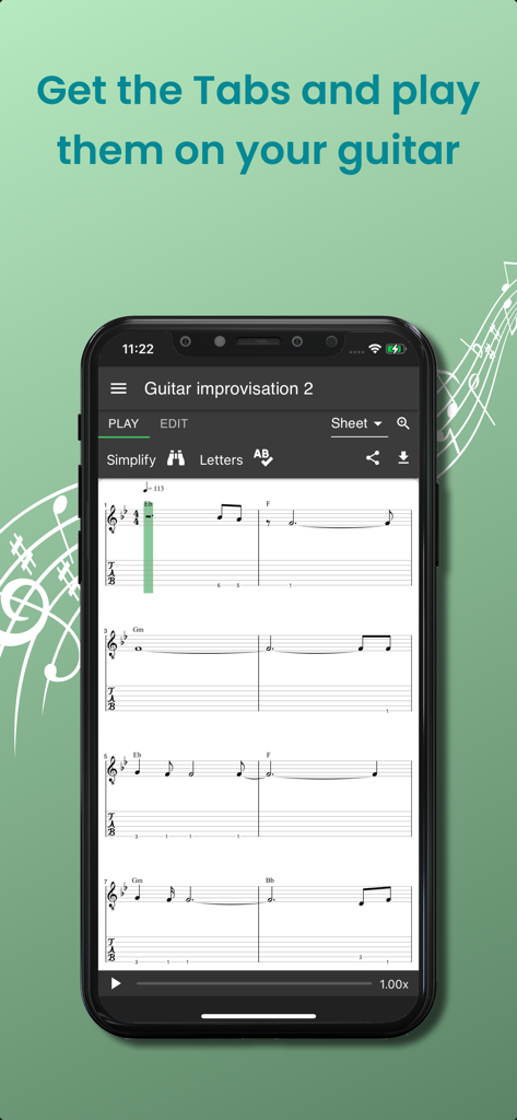 Um smartphone exibindo tablaturas de guitarra e notação musical gerada a partir de uma gravação no aplicativo Melody Scanner