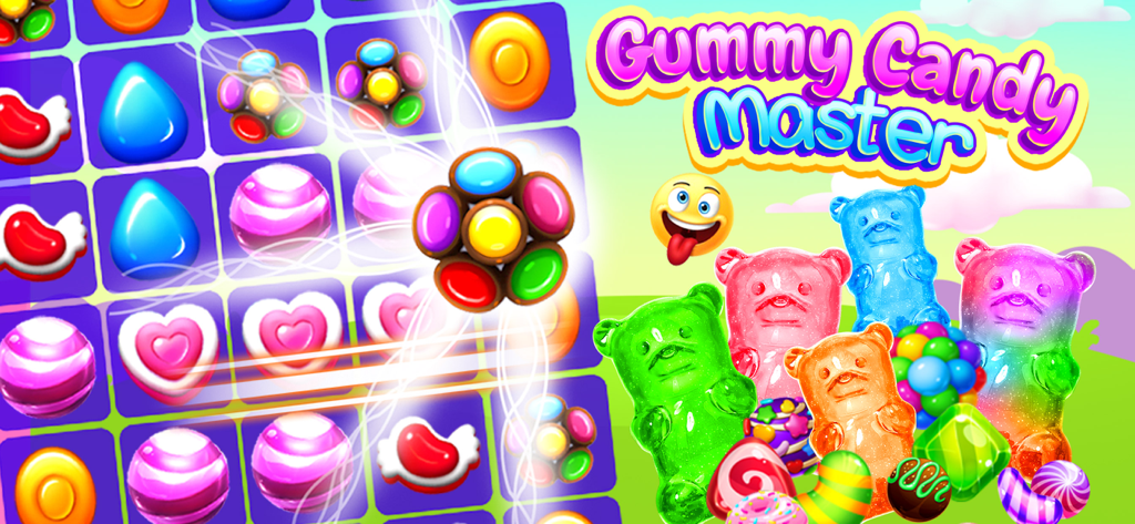 A colorful screenshot of Gummy Candy Master game featuring a match-three puzzle grid and vibrant gummy bear characters.
