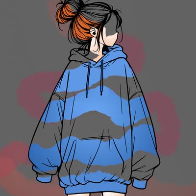 realistic girl with a oversized sweatshirt on and a bun